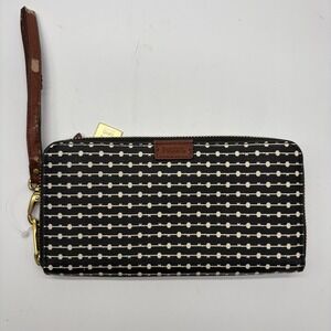 Fossil Emma Lg Zip Clutch Black White Dotted Stripe RFID Wallet See Description